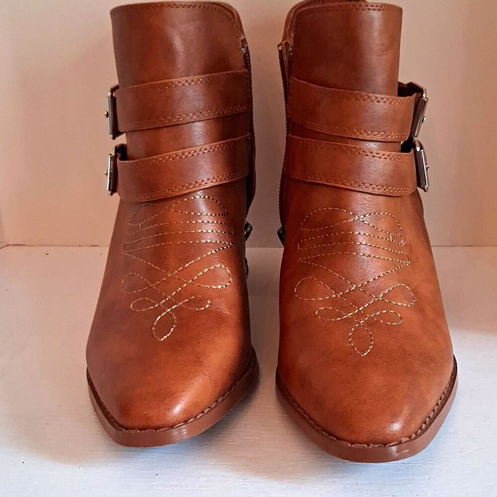 Brown Faux Leather Ankle Bootie Buckle Embroidered Pointed Toe Zip Women's 6